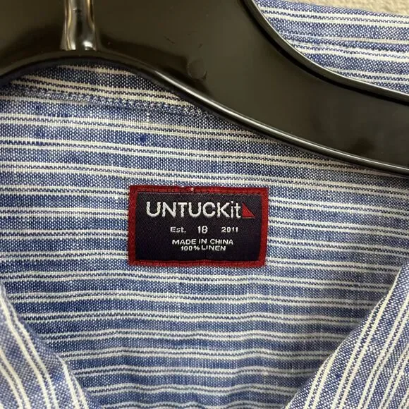 Untuckit Shirt Women’s 18 100% Linen Blue Striped Button Up Top NWT New Collared - Picture 3 of 5